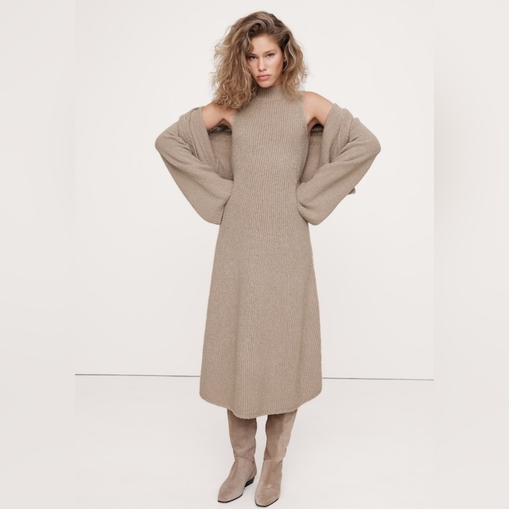 NWT banana republic XL Merino-blend mock-neck midi sweater dress tan